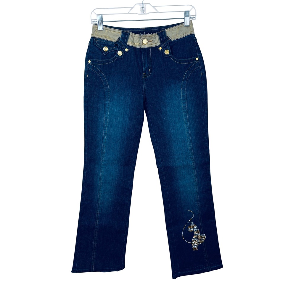 Baby Phat Girlz Size 14 Dark Wash Gold Metallic Rhinestone Y2K Denim Jeans